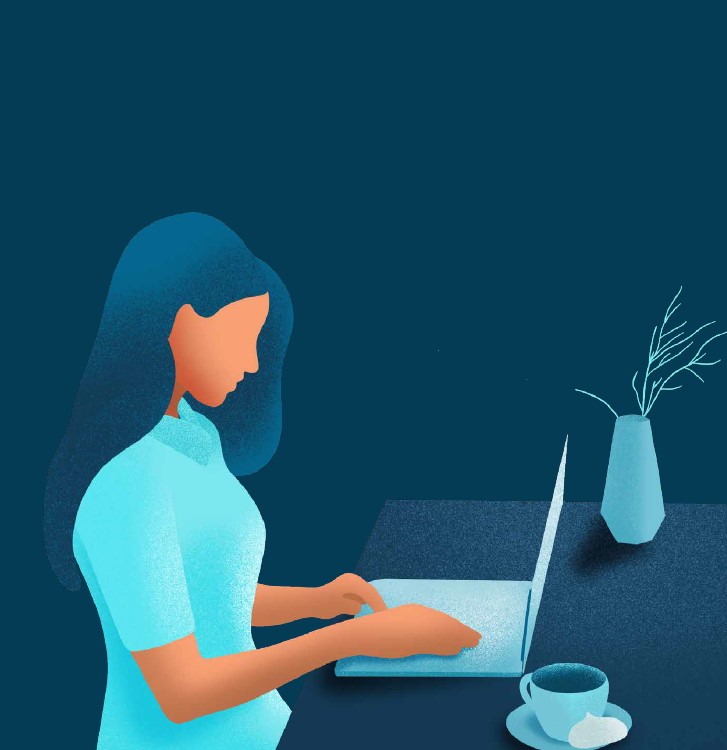 Image shows an illustration of a woman typing