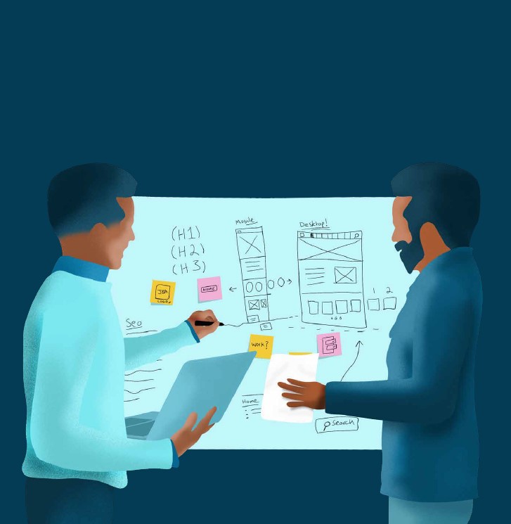 Image shows an illustration of two people discussing UX process